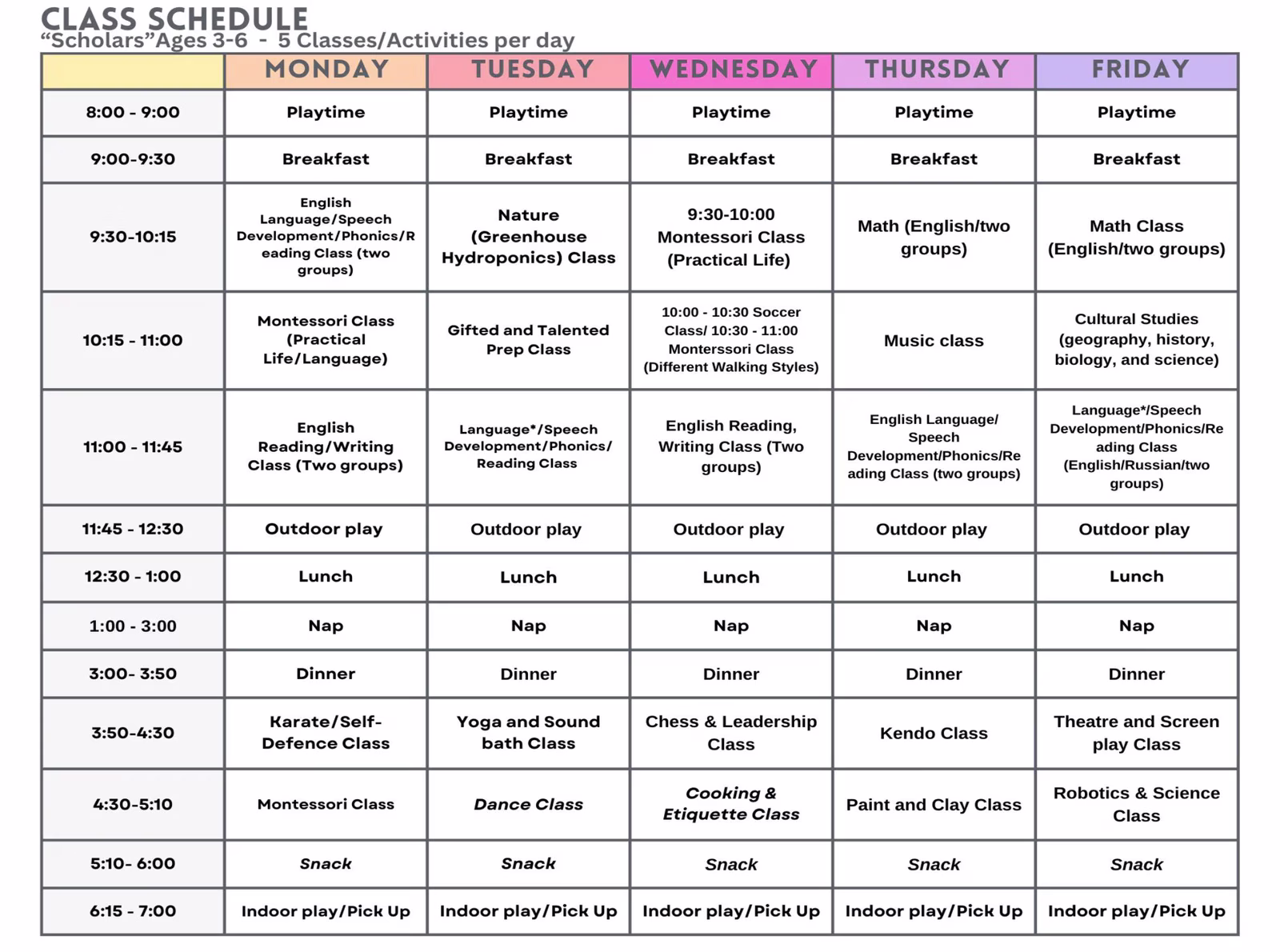 Golden Minds Prep Scholars weekly class schedule showing 18 enrichment classes for ages 4–5